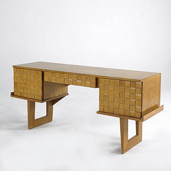 PAUL LASZLO/BROWN-SALTMAN: PAUL LASZLO; BROWN-SALTMAN; Oak desk; With decal and stenciled number; 28 1/2'' x 63'' x 20''