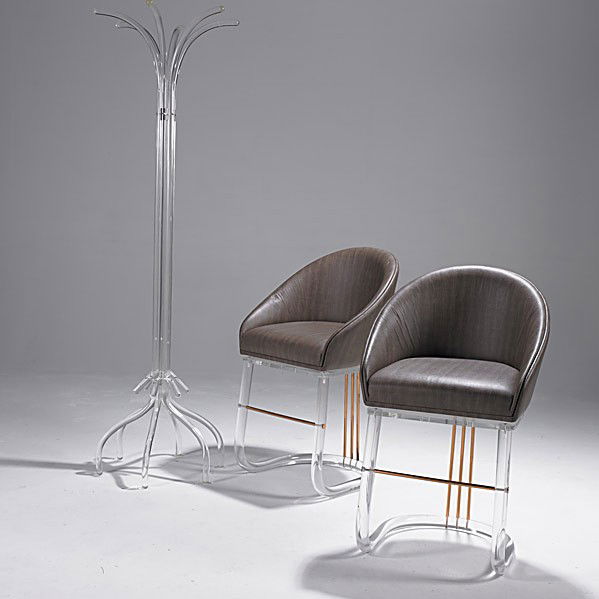 LION IN FROST: LION IN FROST; Three matching acrylic stools, one mismatched stool (not pictured) and coat rack; Stools inscribed; Stool: 37 1/2'' x 23 1/2'' x 22'', coatrack: 74'' x 24''