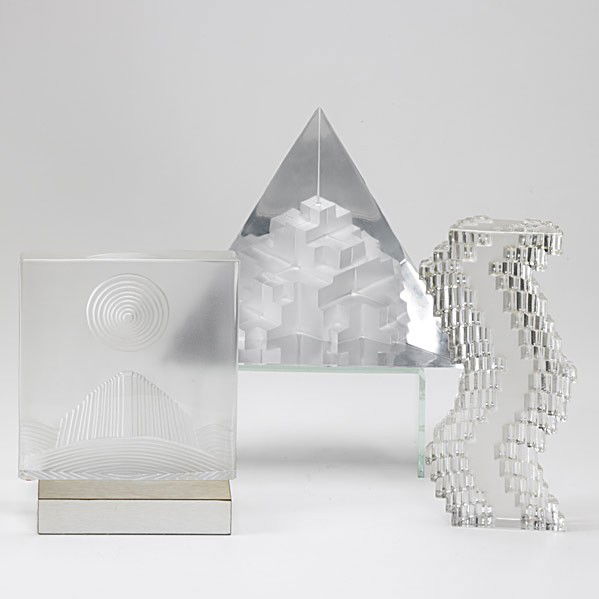 GLASS SCULPTURES: MARC DE ROSNY, JEAN-MICHEL FOLON AND RICHARD LAURET; DAUM (NANCY); Three abstract glass sculptures; Two with original presentation cases and stands, each with name plate; All signed; Lauret: 9'' x 11
