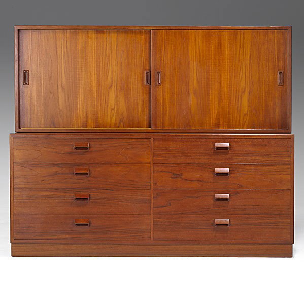 BORGE MOGENSEN / SOBORG MOBLER: BORGE MOGENSEN; SOBORG MOBLER; Teak credenza with birch interior; Unmarked; Lower cabinet: 26'' x 59 1/4'' x 18 1/2'', upper: 23'' x 59 1/4'' x 12 1/2''