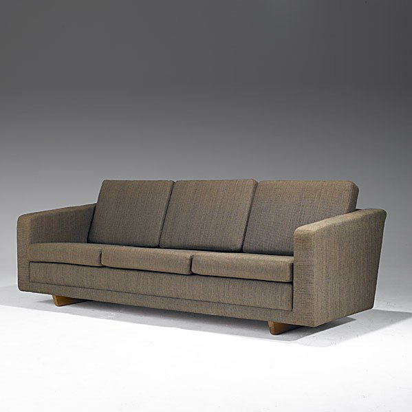 BORGE MOGENSEN: BORGE MOGENSEN; Oak and wool sofa; Illums Bolingus metal tag; 30'' x 83'' x 35''