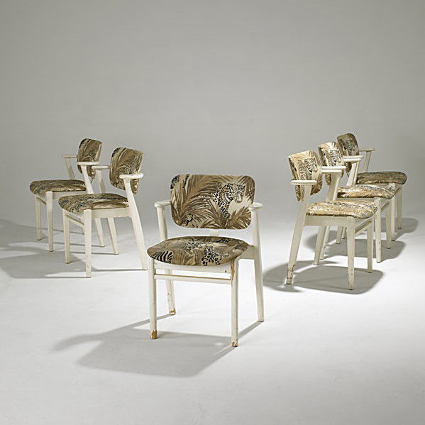 ILMARI TAPIOVAARA: ILMARI TAPIOVAARA; Six upholstered Domus stacking chairs; 30 1/2'' x 22 1/2'' x 21''