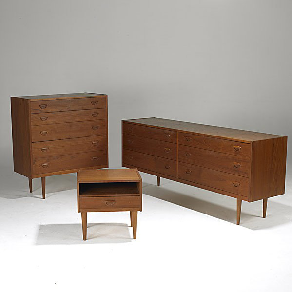 DANISH MODERN: DANISH MODERN; Three-piece teak bedroom set includes long dresser, tall dresser and nightstand; Unmarked; Long dresser: 30'' x 71'' x 18''