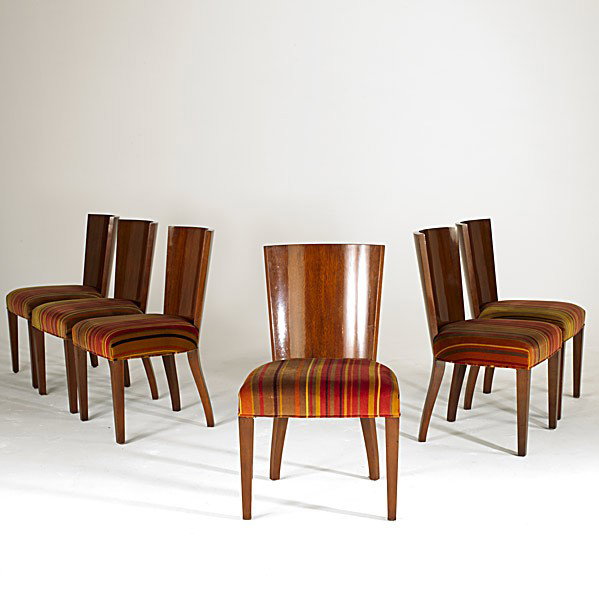 RALPH LAUREN: RALPH LAUREN; Six mahogany and velveteen dining chairs; Metal labels; 34 1/2'' x 21'' x 22''