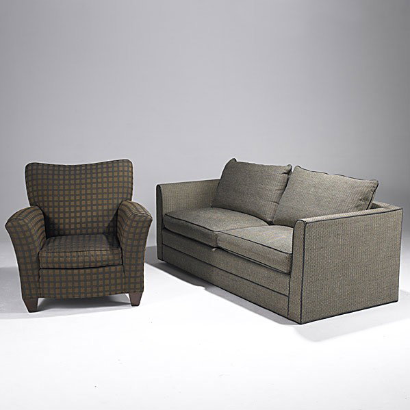 STICKLEY AUDI: STICKLEY AUDI; Contemorary tuxedo style sofa together with contemporary club chair; Stickley tags; Chair: 39'' x 38'' x 36'' Sofa: 36'' x 80'' x 35''