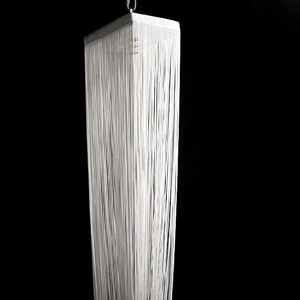 MARIO YAGI / SIRRAH: MARIO YAGI; SIRRAH; Garbo enameled steel square ceiling fixture with long fringe shade. 96'' x 9 1/2'' x 9 12''