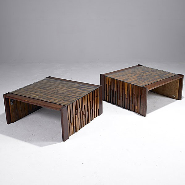 PERCIVAL LAFER: PERCIVAL LAFER; Pair of rosewood, jacaranda, mahogany and glass sofa tables; Lafer Brazil foil labels; 14'' x 30'' x 30 1/2''