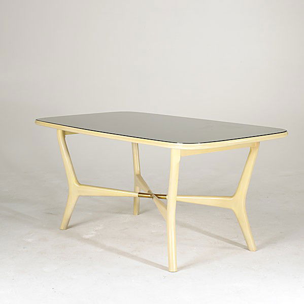 STYLE OF ICO PARISI: STYLE OF ICO PARISI; Enameled wood, brass and glass dining table; 29 1/2'' x 64 1/2'' x 34 1/2''