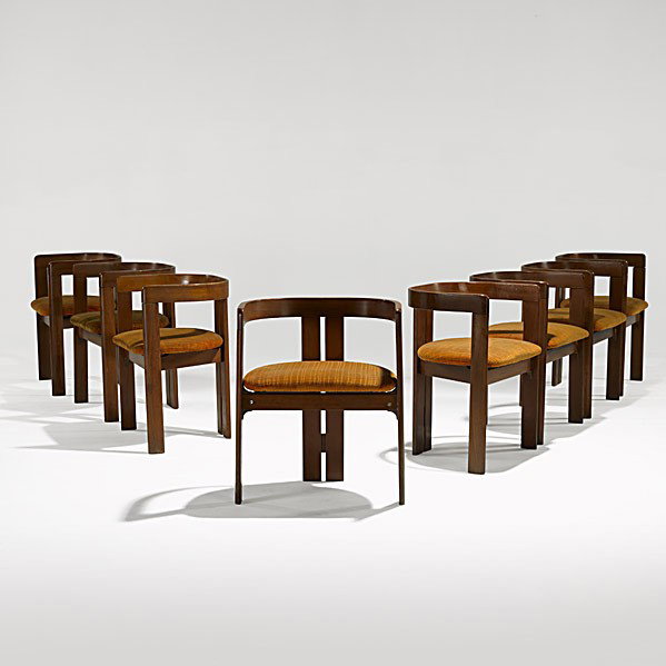 : AFRA AND TOBIA SCARPA; GAVINA; Set of eight walnut Pigreco chairs; Gavina foil labels; 27 1/4'' x 22 1/2'' x 17''