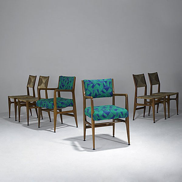 GIO PONTI / SINGER & SONS: GIO PONTI; SINGER & SONS; Six Italian walnut dining chairs with woven and upholstered seats, two arm-, four side-; Unmarked; Armchair: 35 1/2'' x 22 1/2'' x 23'', side: 35'' x 17'' x 19''