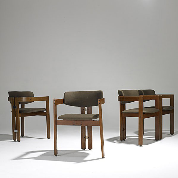 STYLE OF AFRA AND TOBIA SCARPA: STYLE OF AFRA AND TOBIA SCARPA; Set of four walnut, aluminum and wool dining chairs; Stamped Made in Canada; 29'' x 22'' x 20''