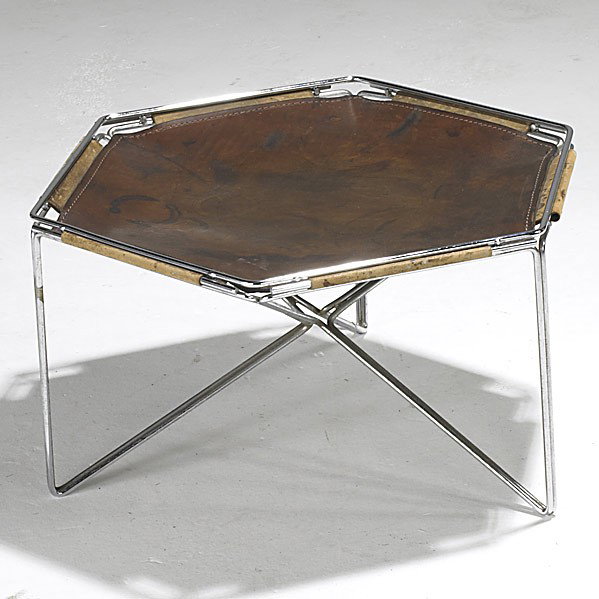 STYLE OF PIERRE PAULIN: STYLE OF PIERRE PAULIN; Leather and chromed steel stool, missing two rods; Unmarked; 10 1/4'' x 16 1/2'' dia