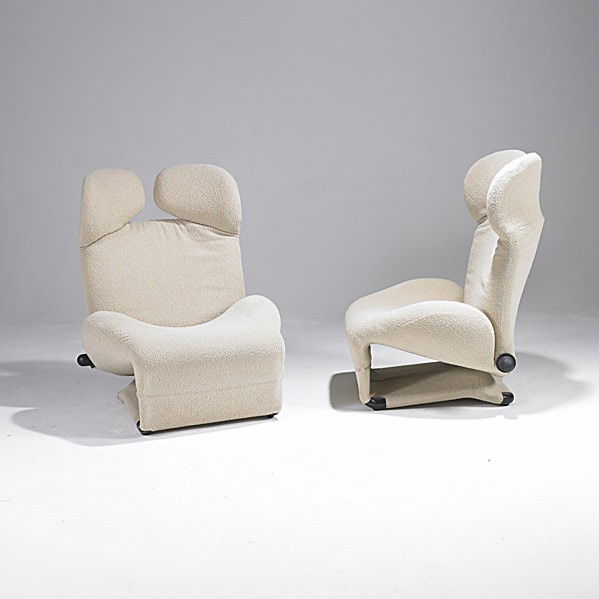 TOSHIYUKI KITA/ CASSINA: TOSHIYUKI KITA; CASSINA; Pair of nubby wool Wink chairs; Closed: 29'' x 34'' x 44'', opened: 34'' x 34'' x 67''