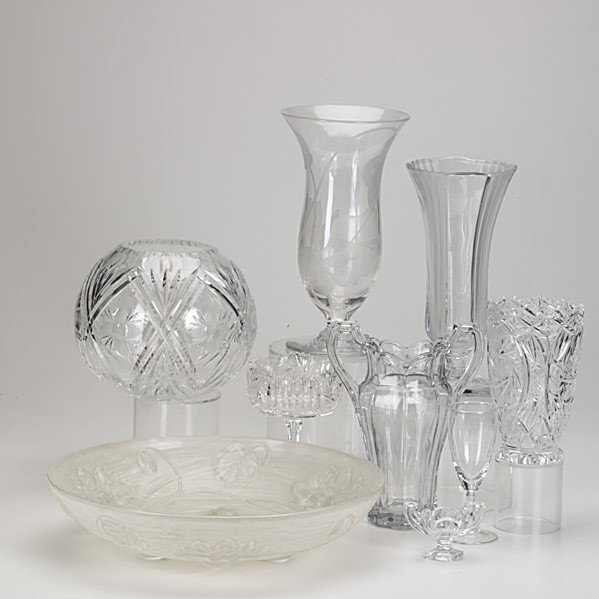 DECORATIVE GLASS: DECORATIVE GLASS; Twenty-four pieces include two Dorothy Thorpe etched vases, cut and pressed glass and champagne flutes; Tallest: 11''