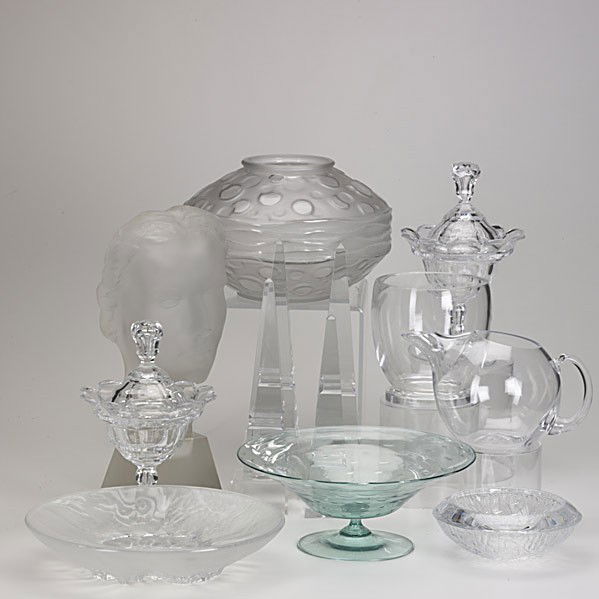 BACCARAT, STEUBEN, ORREFORS, ETC.: BACCARAT, STEUBEN, ORREFORS, ETC.; Four Baccarat obelisks, Steuben footed bowl in original box, Orrefors pitcher and ashtray, together with six pieces decorative glassware; Baccarat, Steuben and Orref