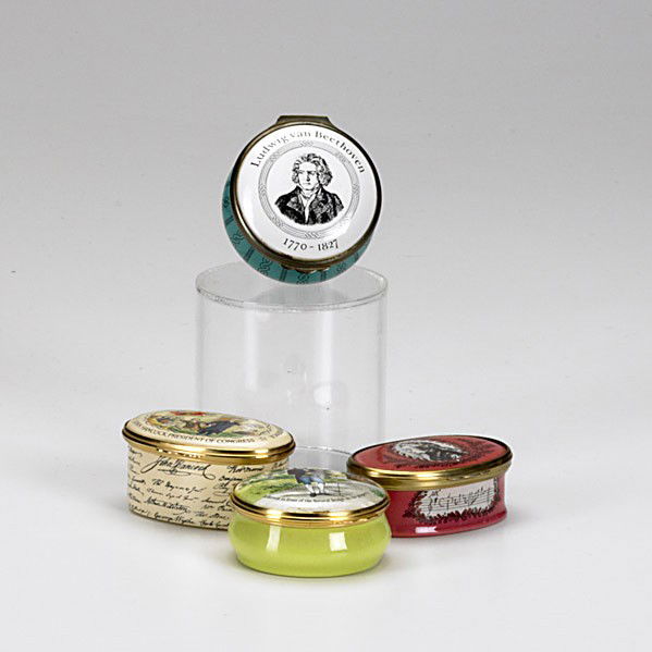 FOUR BILSTON AND BATTERSEA BOXES: FOUR BILSTON AND BATTERSEA BOXES; Thomas Jefferson, Ludwig Van Beethoven, John Hancock and Wolfgang Amadeus Mozart, 19th/20th c.; Longest: 2 3/4''