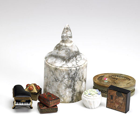 DECORATIVE BOXES: DECORATIVE BOXES; Twenty-five pieces include eight cloisonne or champleve, Limoges piano, two hardstone, etc.; 20th c.; Tallest: 5''