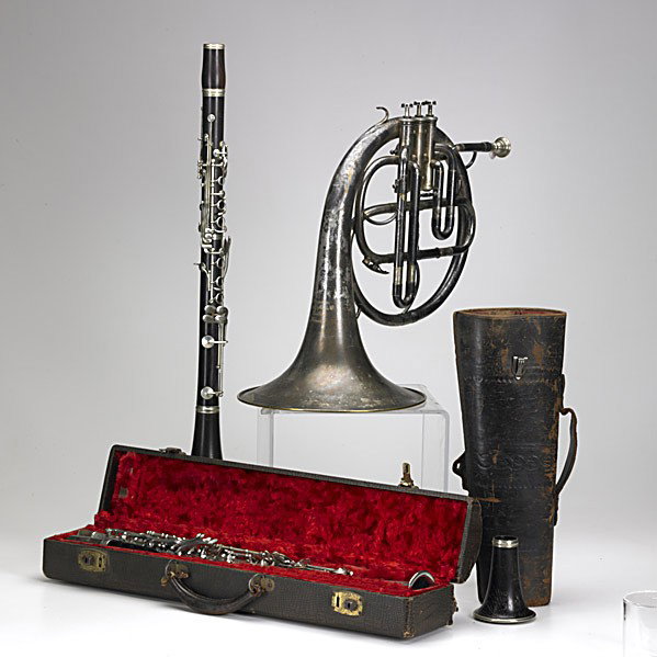 MUSICAL INSTRUMENTS: MUSICAL INSTRUMENTS; Four items, 19th/20th c.: two hardwood clarinets by Buffet & Campion, silver-plate french horn by Mercadier & March Co. and silver-plate clarinet marked Made in USA; Longest: 18''
