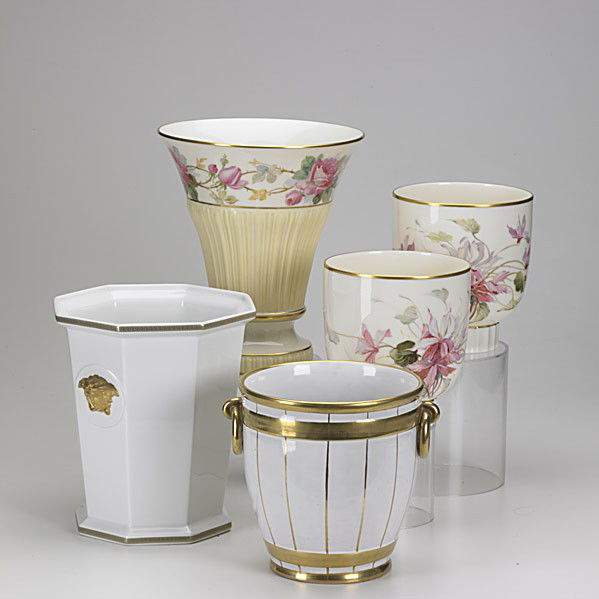 LENOX, ROSENTHAL, ETC.: LENOX, ROSENTHAL, ETC.; Five items, 20th c.; Pair of Lenox cache pots with floral decoration by Jan Nosek, Lenox vase with floral decoration by C. Morley, Rosenthal for Versace octagonal cache pot wit