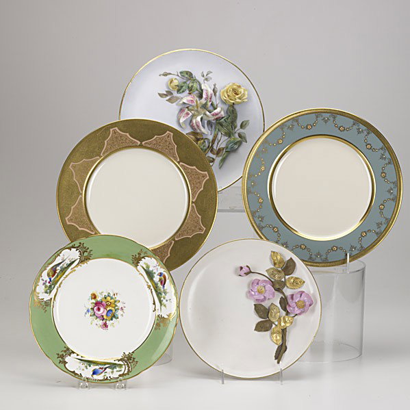 LENOX,ETC: LENOX, ETC; Thirteen dinner plates with elaborate gold decoration, one Minton dinner plate, three assorted chargers, Heathcote eight piece bullion set and assorted other pieces; Dinner plates: 10 1/2'
