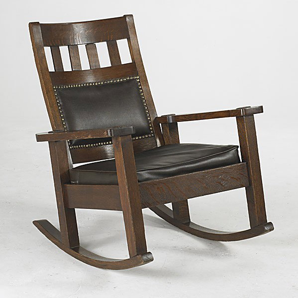 STICKLEY BROS.: STICKLEY BROS.; Rocking armchair with drop-in leather seat and tacked on back; Unmarked; 38'' x 31'' x 38''
