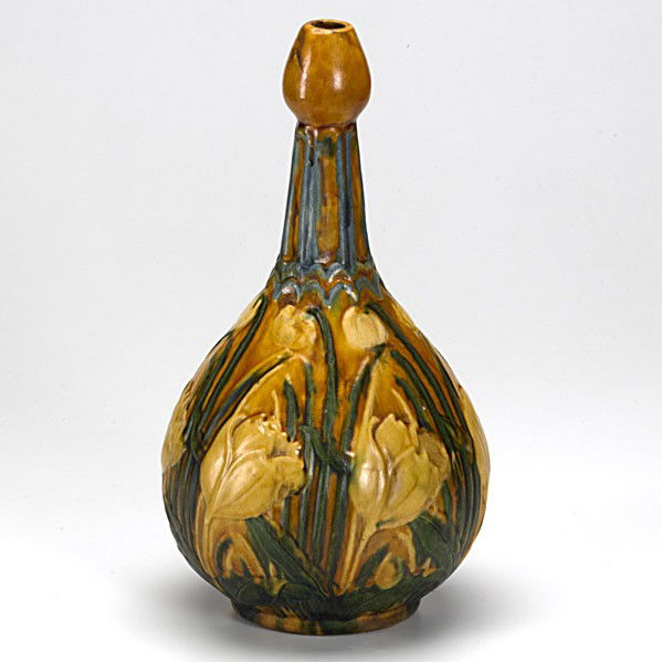 FREDERICK RHEAD / WARDLE: FREDERICK RHEAD; WARDLE; Bottle shaped vase decorated with crocuses; Unmarked; 13 3/4'' x 7'' dia.