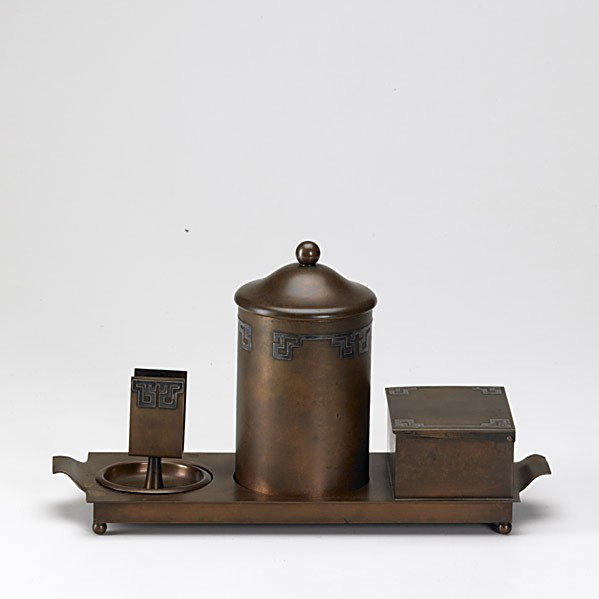 HEINTZ: HEINTZ; Sterling-on-Bronze smoking set with humidor, match holder and tray with integrated cigarette box; Humidor and tray marked; 8 1/4'' x 14 1/2'' x 5''