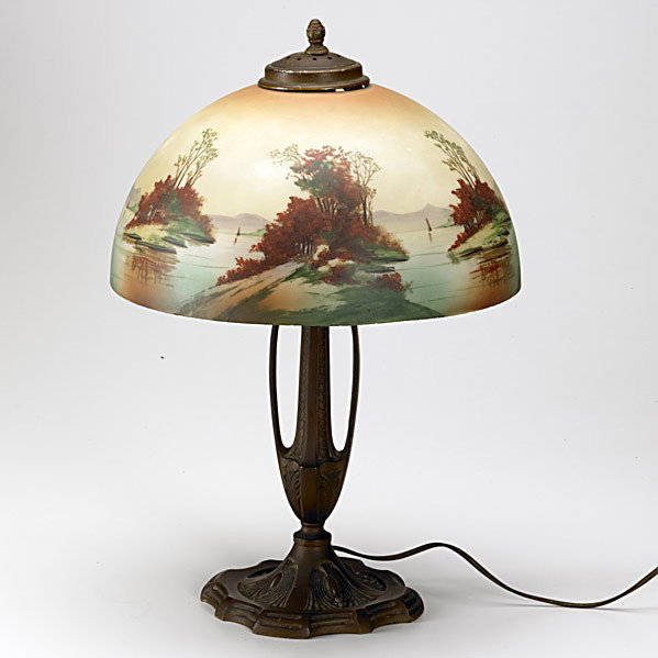 PITTSBURGH: PITTSBURGH; Table lamp with white metal base and painted dome shade; Base stamped; 20 1/2'' x 14''