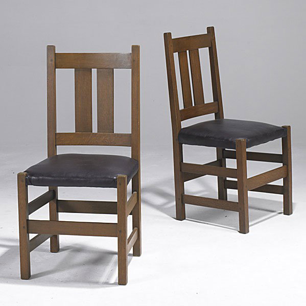 STICKLEY BROS.: STICKLEY BROS.; Pair of side chairs, each with two vertical back slats and leather seat; 36'' x 18'' x 17''