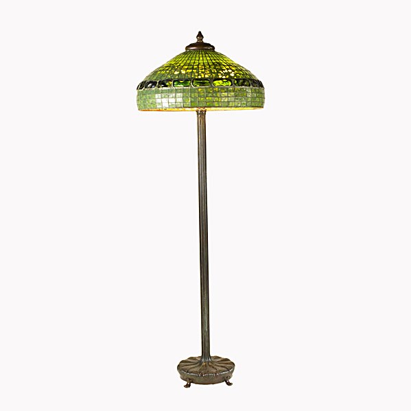 TIFFANY STUDIOS REPRODUCTION: TIFFANY STUDIOS REPRODUCTION; Floor lamp, leaded glass shade with turtle back tiles and six socket bronze base; Spurious mark scratched off; 64'' x 23'' dia.