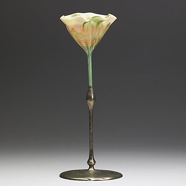 TIFFANY STUDIOS: TIFFANY STUDIOS; Floriform vase in parcel gilt base; Replaced contemporary glass liner; Base stamped Tiffany Studios New York 1589, monogrammed MAS; Cup unmarked; 11 3/4'' x 4 3/4''