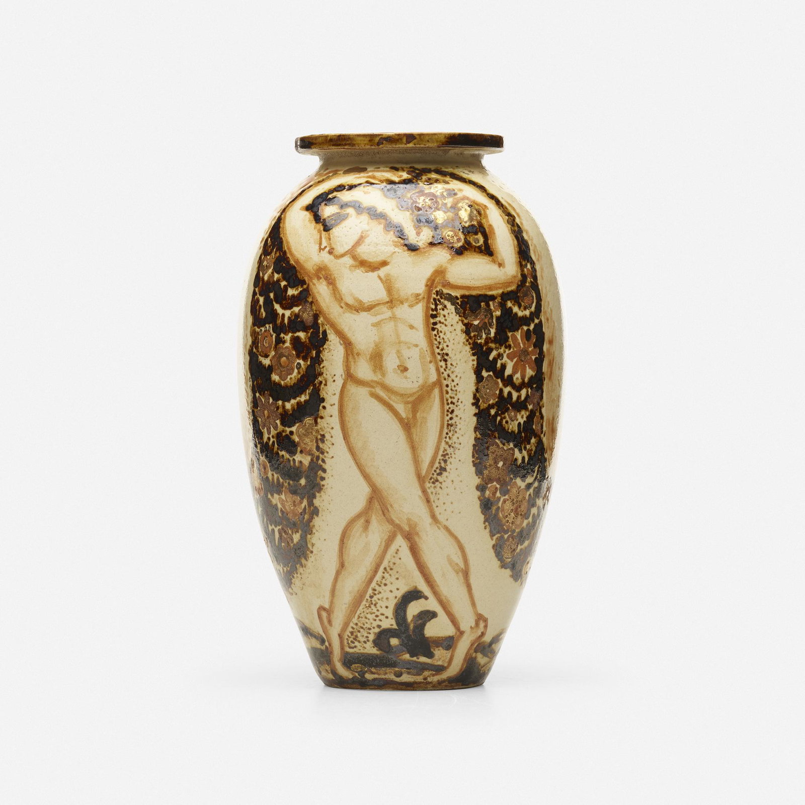 Rene Buthaud, Vase: Rene Buthaud Vase France, c. 1928glazed earthenware 12.5 h × 6.75 dia in (32 × 17 cm) Slip signature to underside 'RB'. Literature: Ceramiques de Rene Bu