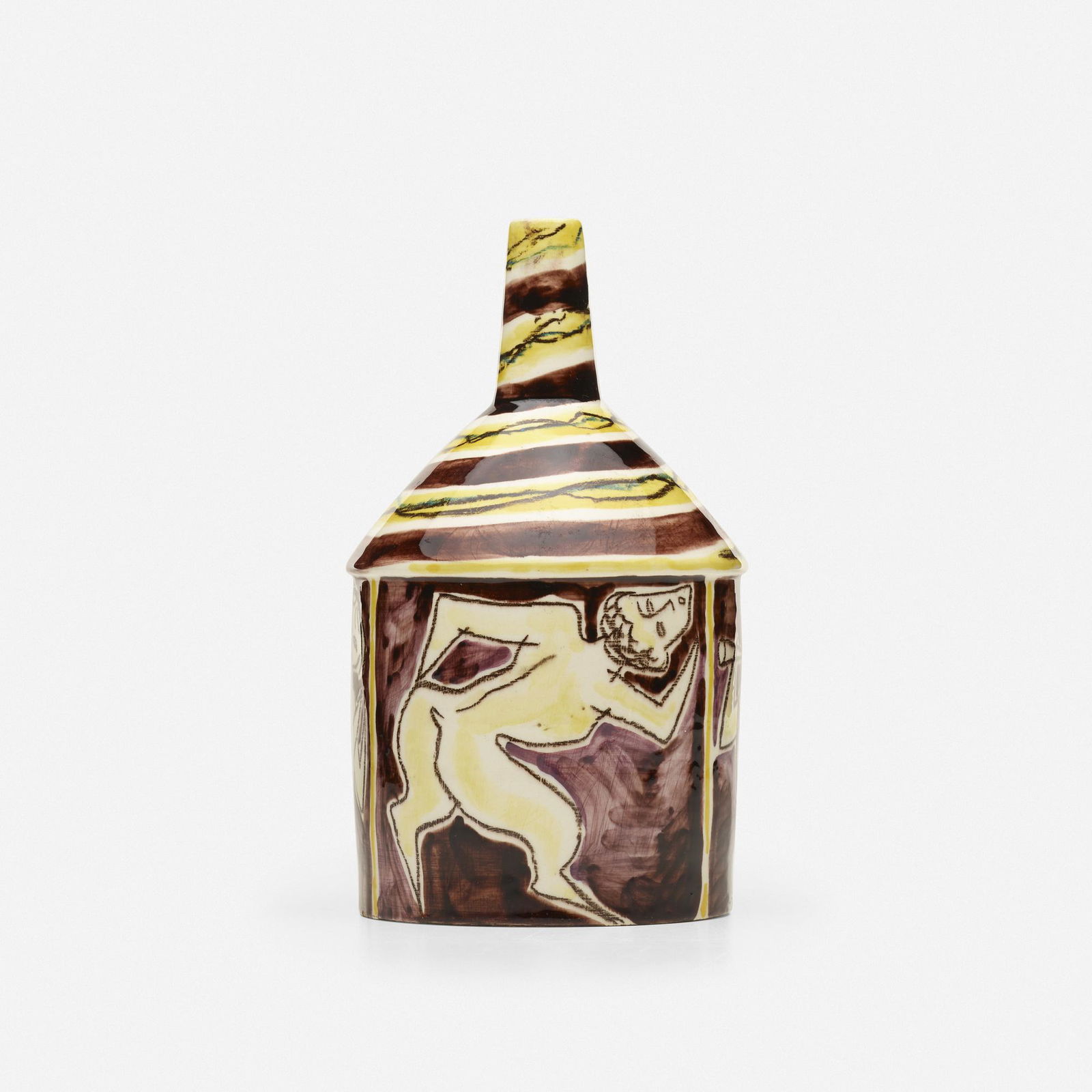 Marcello Fantoni for Raymor, Vase with satyr: Marcello Fantoni for Raymor Vase with satyr c. 1955 Remnants of signature to base. glazed porcelain 8.25 h Ã— 4.75 dia in (21 Ã— 12 cm) This work will ship from Rago in Lamb