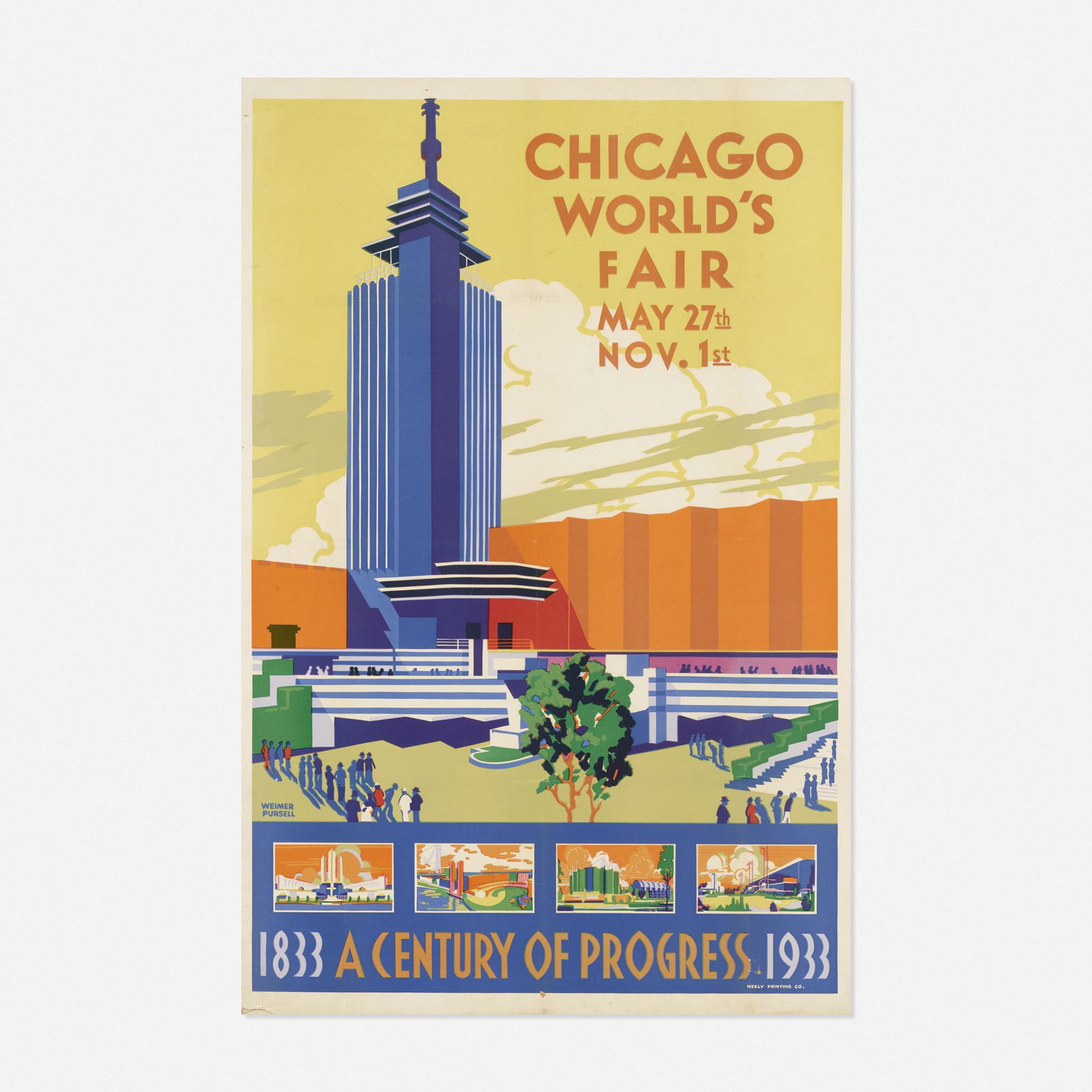 Weimer Pursell, 1933 Chicago World's Fair poster: Weimer Pursell 1933 Chicago World's Fair poster lithograph in colors 41.5 h × 27.5 w in (105 × 70 cm) Printed manufacturer's mark to lower right 'Neely Printing Co.'. Printed signature t
