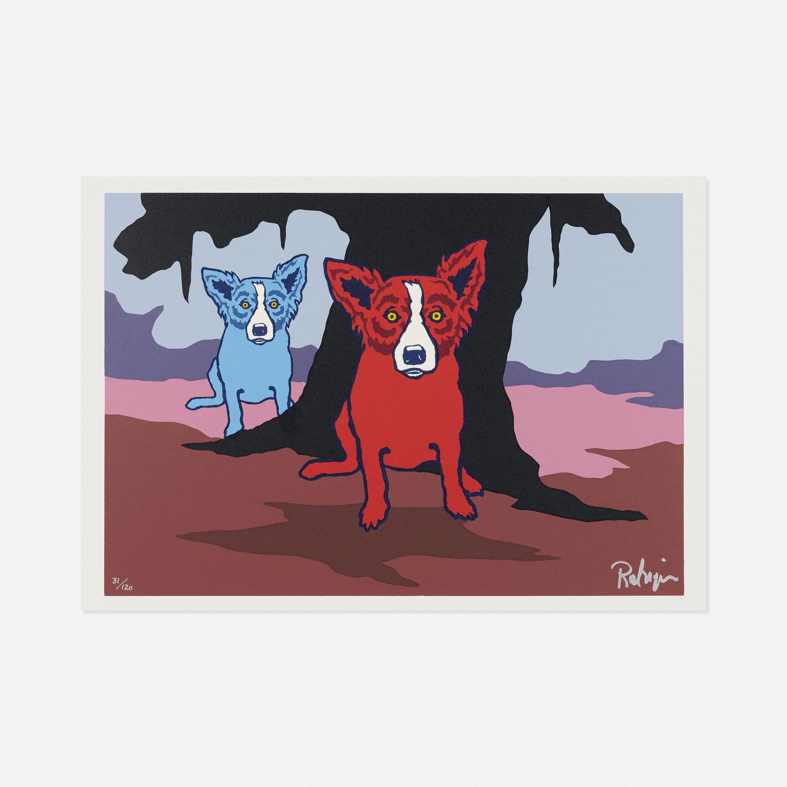 George Rodrigue, Blue Dogs Don't Like Bein' Blue: George Rodrigue Blue Dogs Don't Like Bein' Blue 1993 screenprint in colors sheet: 17.5 h × 25 w in (44 × 63 cm) image: 16 h × 23.125 w in (41 × 59 cm) Signed and numb