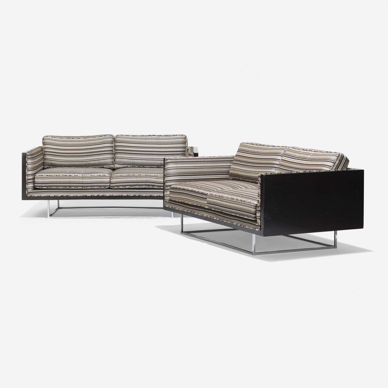 Milo Baughman, Settees, pair: Milo Baughman Settees, pair Thayer CogginUSA, 1968lacquered wood, upholstery, chrome-plated steel 29.5 h × 64 w × 35 d in (75 × 163 × 89 cm) This wor