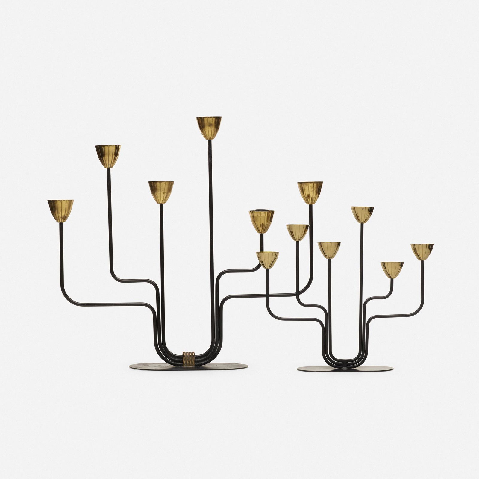 Gunnar Ander, Candelabra, set of two: Gunnar Ander Candelabra, set of two Ystad-MetallSweden, c. 1950enameled steel, brass 16 h × 17.5 w × 3.5 d in (41 × 44 × 9 cm) 10.25 h × 11.25 w × 2.5 d i