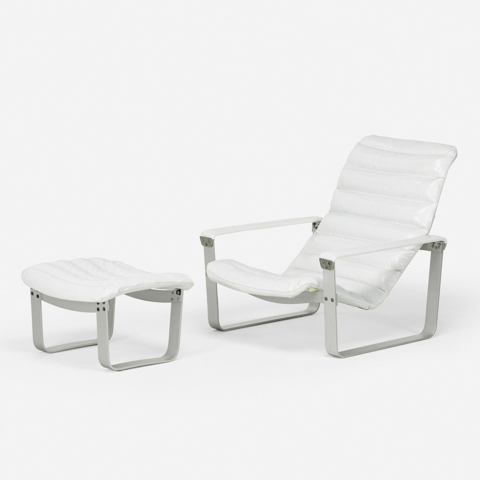 Ilmari Lappalainen, Pulkka lounge chair and ottoman: Ilmari Lappalainen Pulkka lounge chair and ottoman AskoFinland, c. 1967brushed aluminum, leather chair: 31 h × 29.75 w × 41 d in (79 × 76 × 104 cm) ottoman: 13.5 h &t