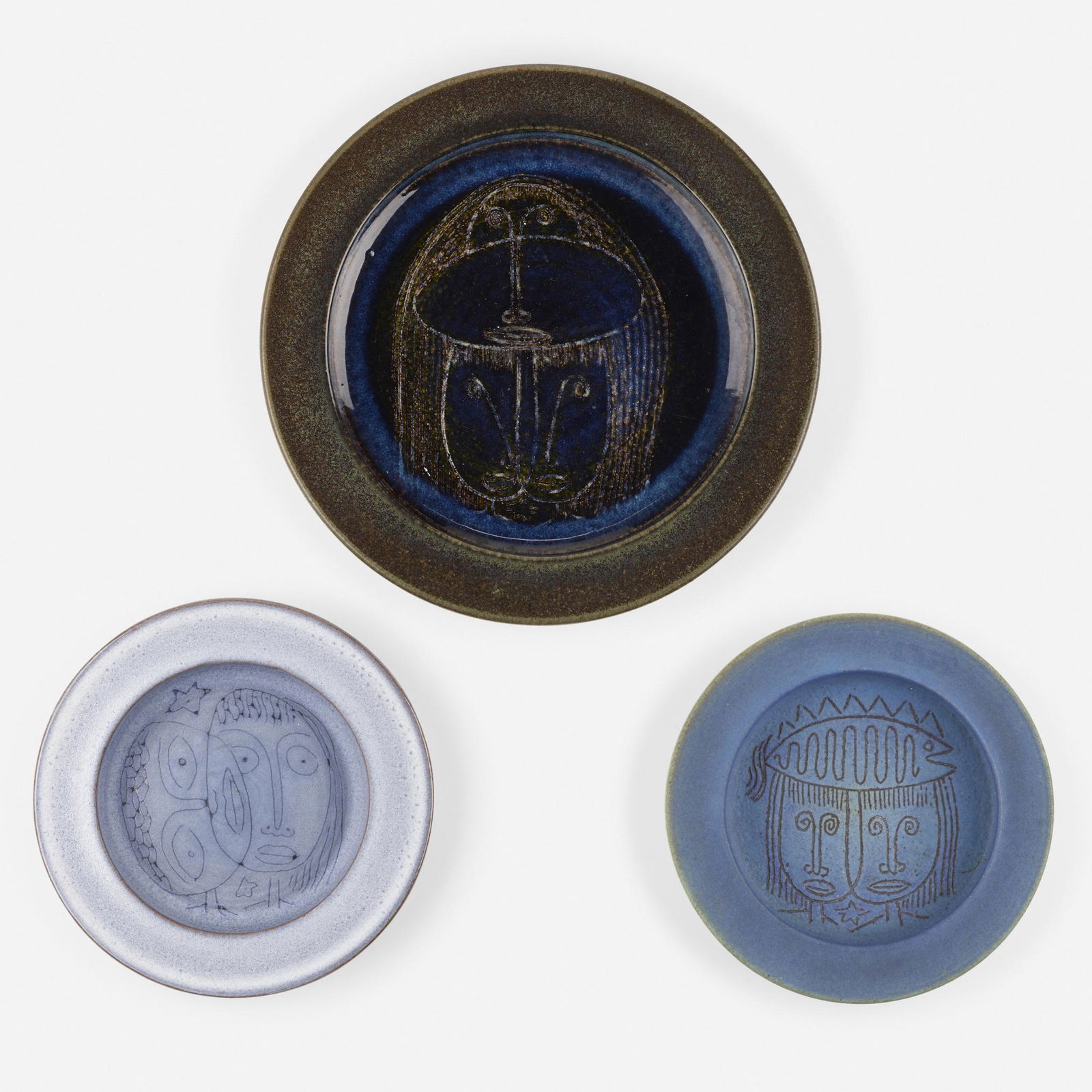 Edwin and Mary Scheier, Collection of three plates: Edwin and Mary Scheier Collection of three plates USA, c. 1960glazed stoneware with sgraffito decoration 1 d × 10.5 dia in (3 × 27 cm) Incised signature to underside of each exampl