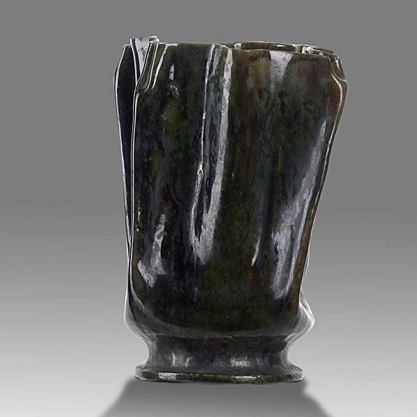 GEORGE OHR: GEORGE OHR; Fine and large four-cornered vase, mottled gun-metal, raspberry and green glaze; Stamped G.E. OHR, Biloxi, Miss; 6'' x 5''