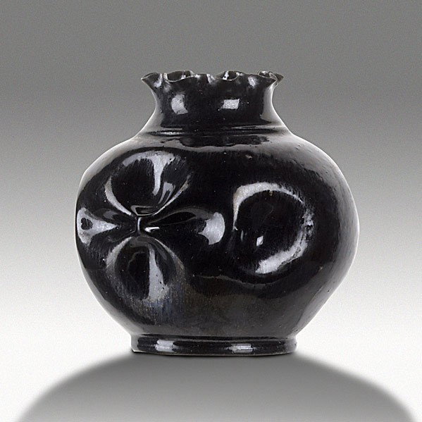 GEORGE OHR: GEORGE OHR; Dimpled and ruffled, mottled black glaze; Stamped G.E.OHR Biloxi, Miss.; 3 3/4'' x 4''