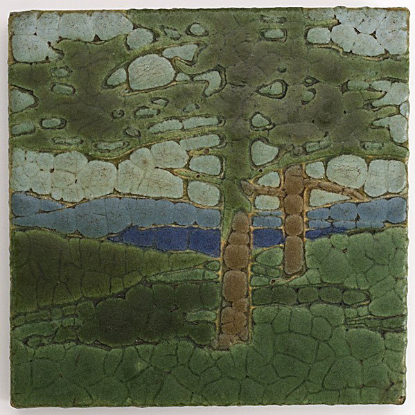 GRUEBY: GRUEBY; Trivet tile, ''The Pines''; Unmarked; 6'' sq.