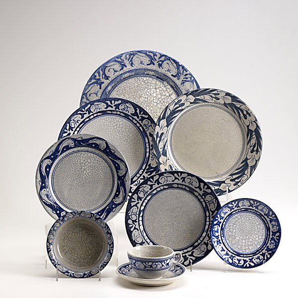 DEDHAM: DEDHAM; Nine pieces of crackleware: Rabbit cup and saucer, 6'' rabbit bowl, 6'', 8 3/4'', 9 3/4'' and 12'' rabbit plates, 8 1/2'' dolphin plate, 10'' iris plate; All stamped