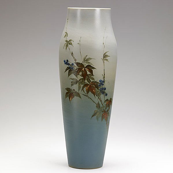A. R. VALENTIEN; ROOKWOOD: A. R. VALENTIEN; ROOKWOOD; Tall and rare Dull Finish stoneware vase with Virginia creeper, 1886; Flame mark/30A/W/A.R.V.; 18'' x 6''