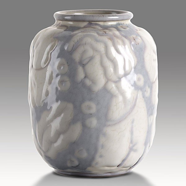 ELIZABETH BARRETT; ROOKWOOD: ELIZABETH BARRETT; ROOKWOOD; Wax Mat vase with portrait of a lady and blossoms, 1943; Flame mark XLIII/6197F/ Artist cipher; 4 3/4'' x 3 1/2''
