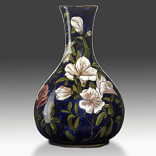 JOHN BENNETT: JOHN BENNETT; Bulbous vase with alstroemeria, 1878; Signed MJ JBENNETT E-24ST NY 1878; 11'' x 7''