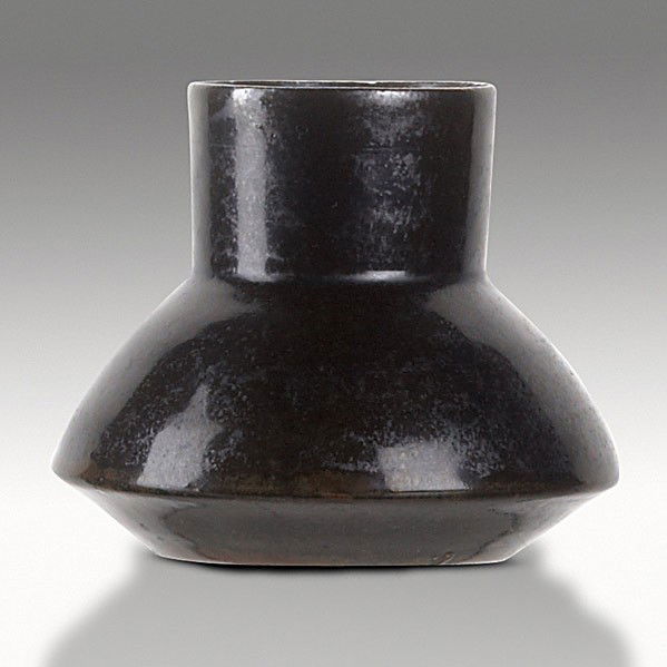 GEORGE OHR: GEORGE OHR; Beaker-shaped cabinet vase in unusual brown and raspberry glaze; Stamped GEO E OHR BILOXI MISS; 2 3/4'' x 3 1/4''