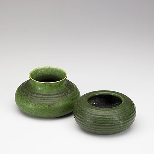 GRUEBY: GRUEBY; Two squat vases with leaves, matte green glaze; Circular Faience stamps; 2 1/3'' x 5'', 3 1/4'' x 5 1/2''