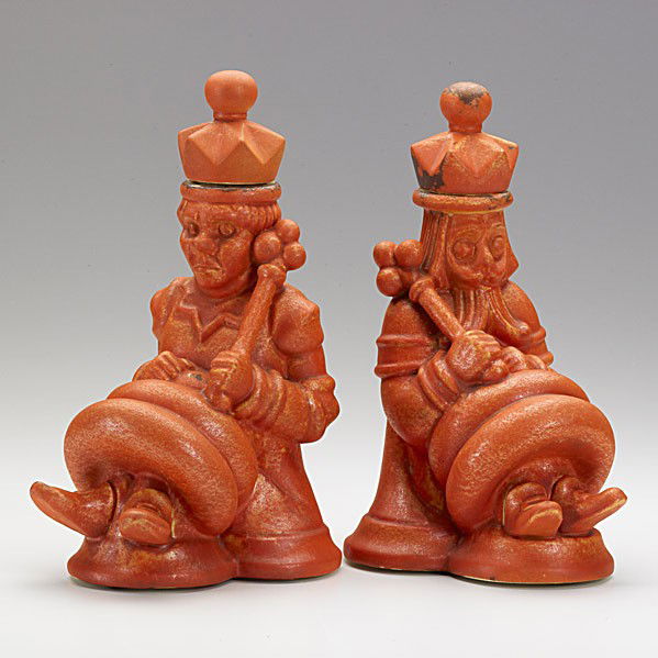 WAYLANDE GREGORY; COWAN: WAYLANDE GREGORY; COWAN; Pair of glazed porcelain figural bottle bookends; Signed in the mold, Waylande Gregory and Cowan; 10 1/4'' x 5 1/4''
