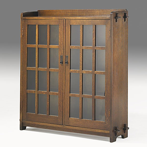 L. & J.G. STICKLEY: L. & J.G. STICKLEY; Double-door bookcase with fixed shelves; Unmarked; 55 1/4'' x 52'' x 12''